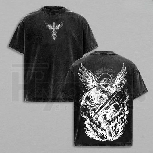 Archangel Michael "Angel of Fire" Vintage Washed Oversized Tee – Heavy Cotton Christian Streetwear